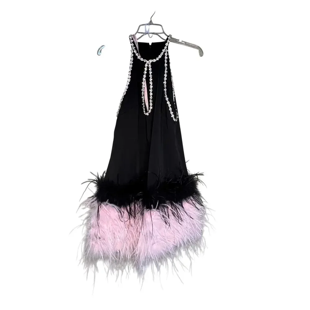 Mac Duggal NWT Feather Finished Short Beaded Beaded Dress in Black Size 2 - Picture 3 of 7